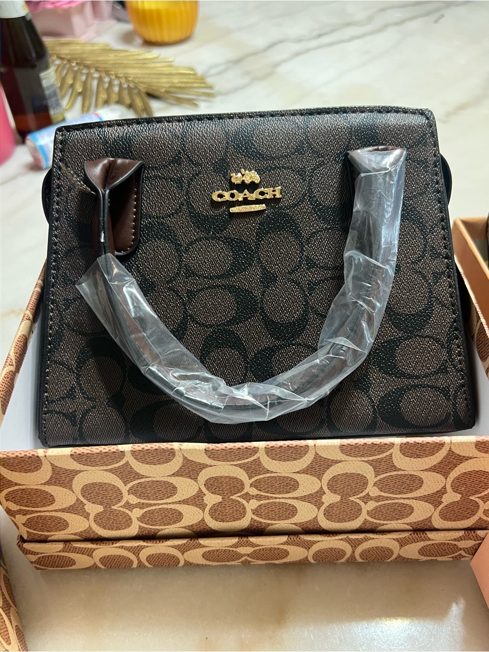 Coach Signature Canvas Satchel - Brown & Black with Gold Hardware